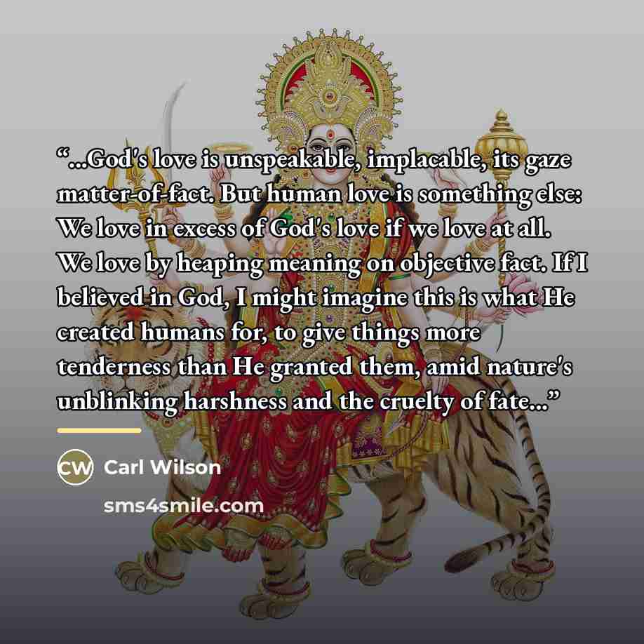 “...God's love is unspeakable, implacable, its gaze matter-of-fact. But human love is something else: We love in excess of God's love if we love at all. We love by heaping meaning on objective fact. If I believed in God, I might imagine this is what He created humans for, to give things more…” quote by Carl Wilson
