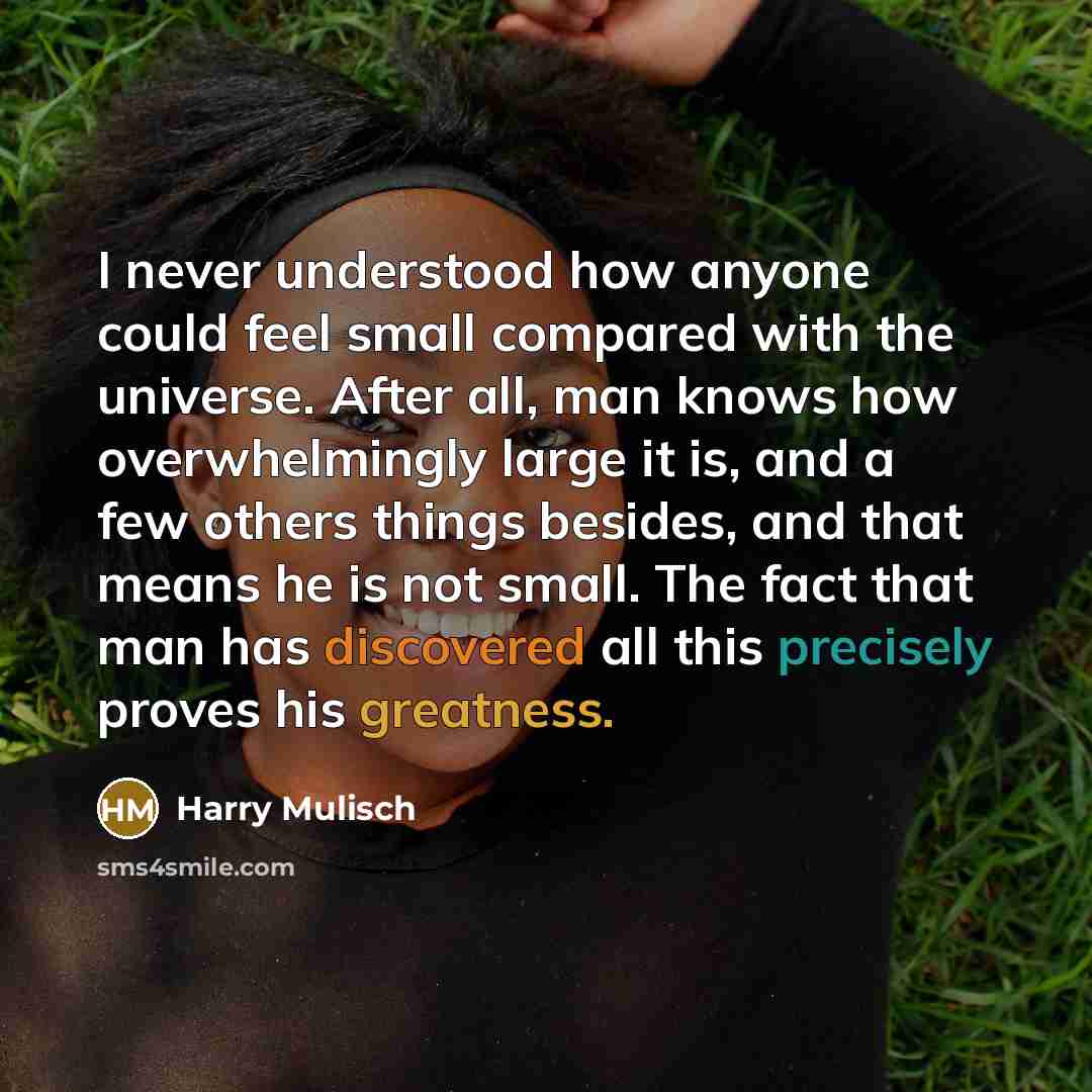 “I never understood how anyone could feel small compared with the universe. After all, man knows how overwhelmingly large it is, and a few others things besides, and that means he is not small. The fact that man has discovered all this precisely proves his greatness.” quote by Harry Mulisch