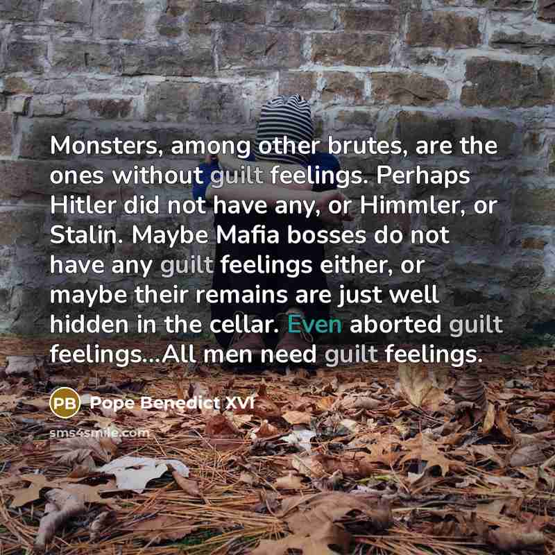 “Monsters, among other brutes, are the ones without guilt feelings. Perhaps Hitler did not have any, or Himmler, or Stalin. Maybe Mafia bosses do not have any guilt feelings either, or maybe their remains are just well hidden in the cellar. Even aborted guilt feelings...All men need guilt feelings.” quote by Pope Benedict XVI