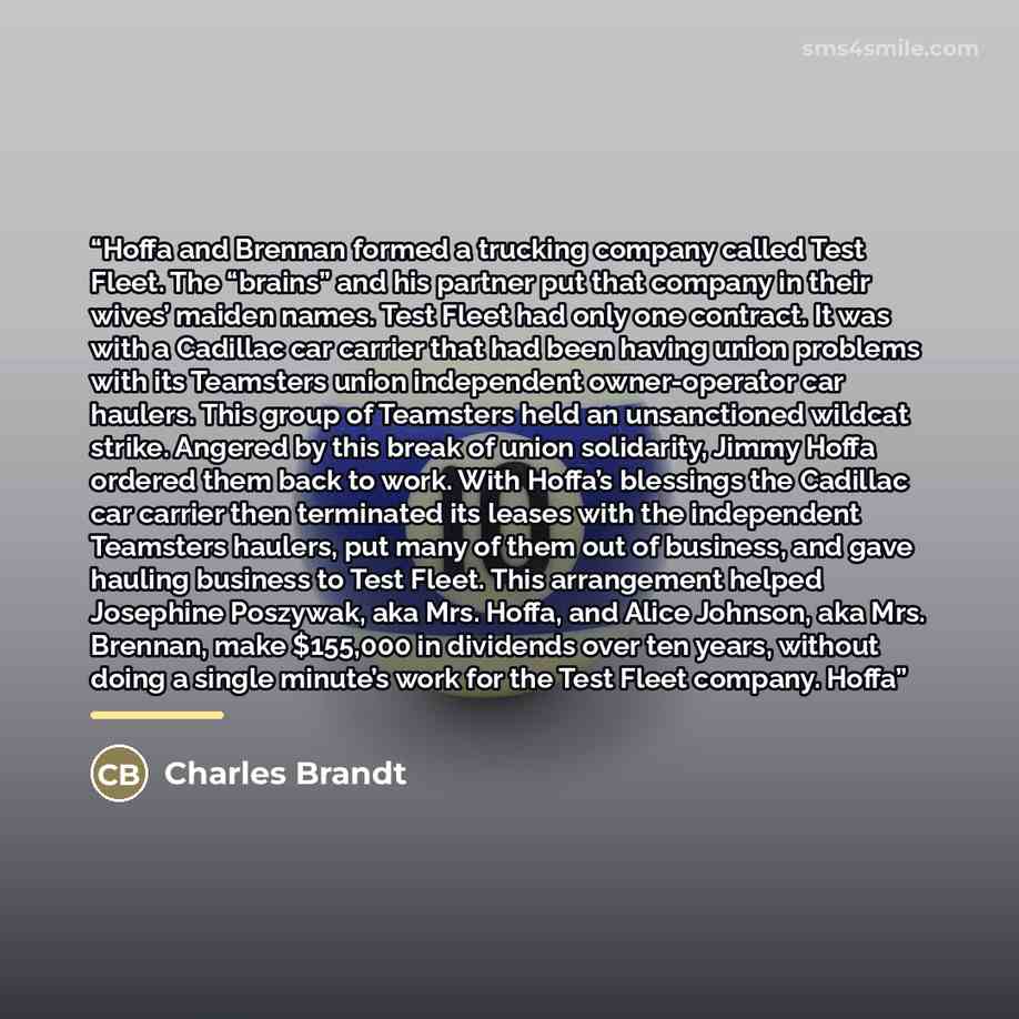 “Hoffa and Brennan formed a trucking company called Test Fleet. The “brains” and his partner put that company in their wives’ maiden names. Test Fleet had only one contract. It was with a Cadillac car carrier that had been having union problems with its Teamsters union independent owner-operator…” quote by Charles Brandt