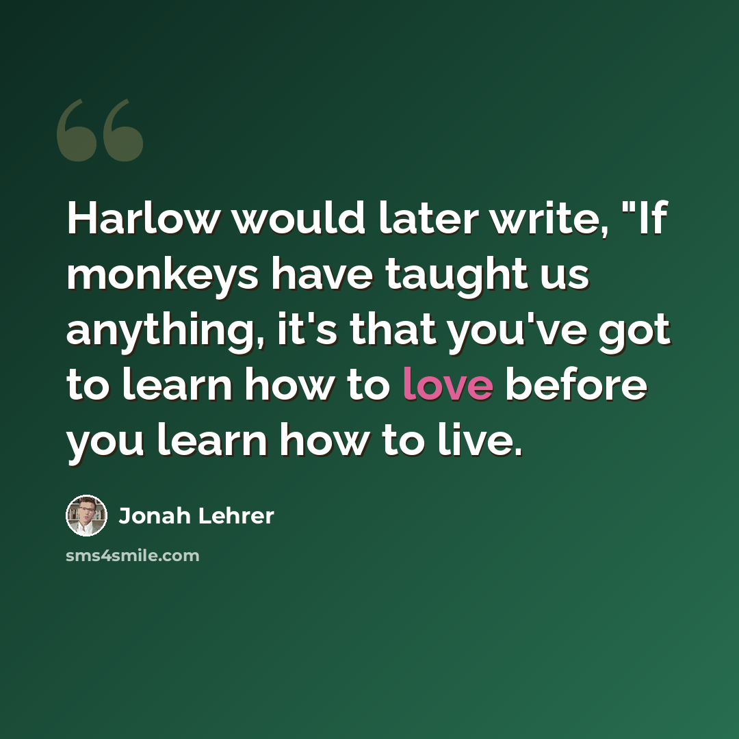 “Harlow would later write, "If monkeys have taught us anything, it's that you've got to learn how to love before you learn how to live.” quote by Jonah Lehrer