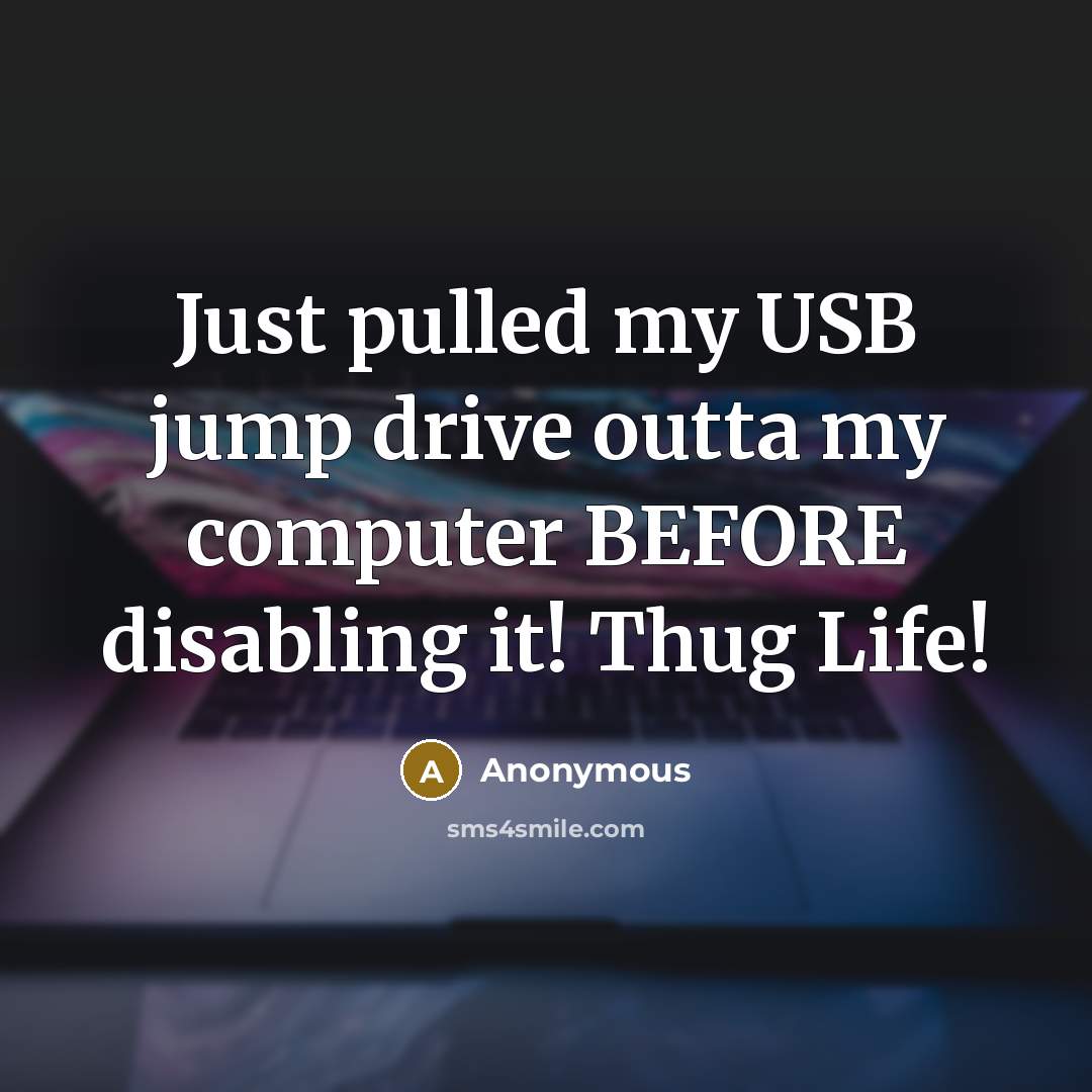 “Just pulled my USB jump drive outta my computer BEFORE disabling it! Thug Life!” quote by Anonymous
