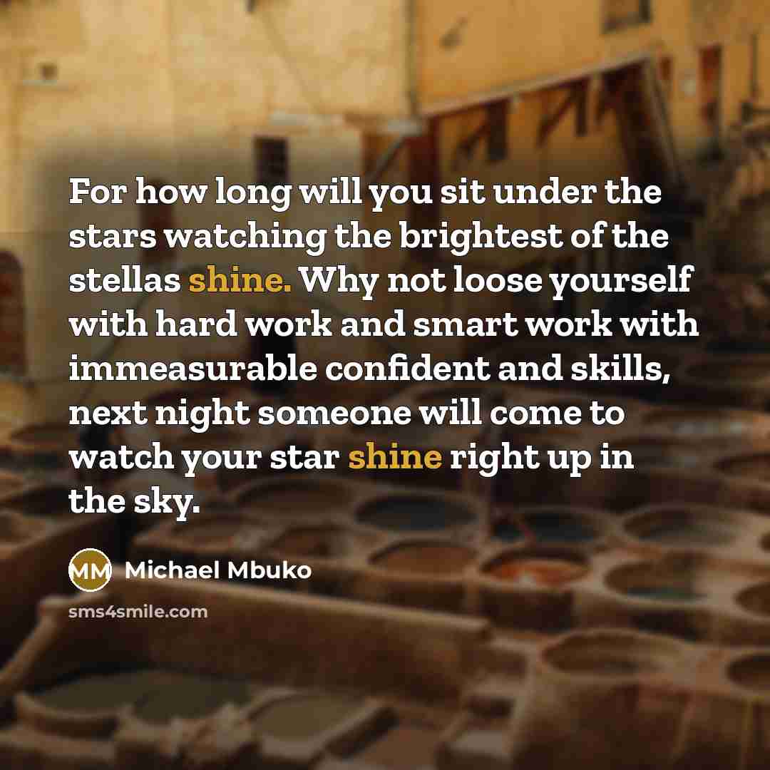“For how long will you sit under the stars watching the brightest of the stellas shine. Why not loose yourself with hard work and smart work with immeasurable confident and skills, next night someone will come to watch your star shine right up in the sky.” quote by Michael Mbuko