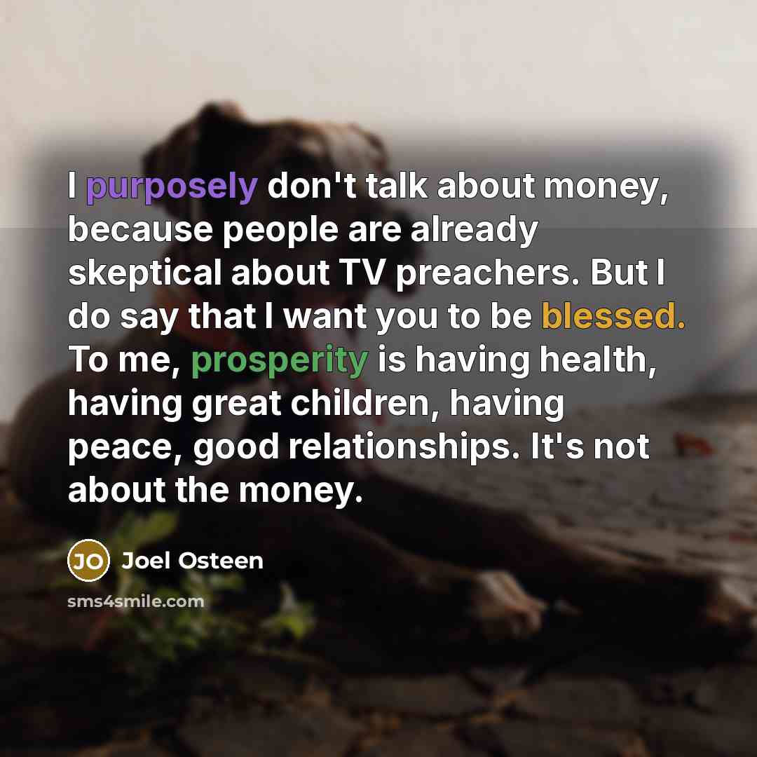 “I purposely don't talk about money, because people are already skeptical about TV preachers. But I do say that I want you to be blessed. To me, prosperity is having health, having great children, having peace, good relationships. It's not about the money.” quote by Joel Osteen