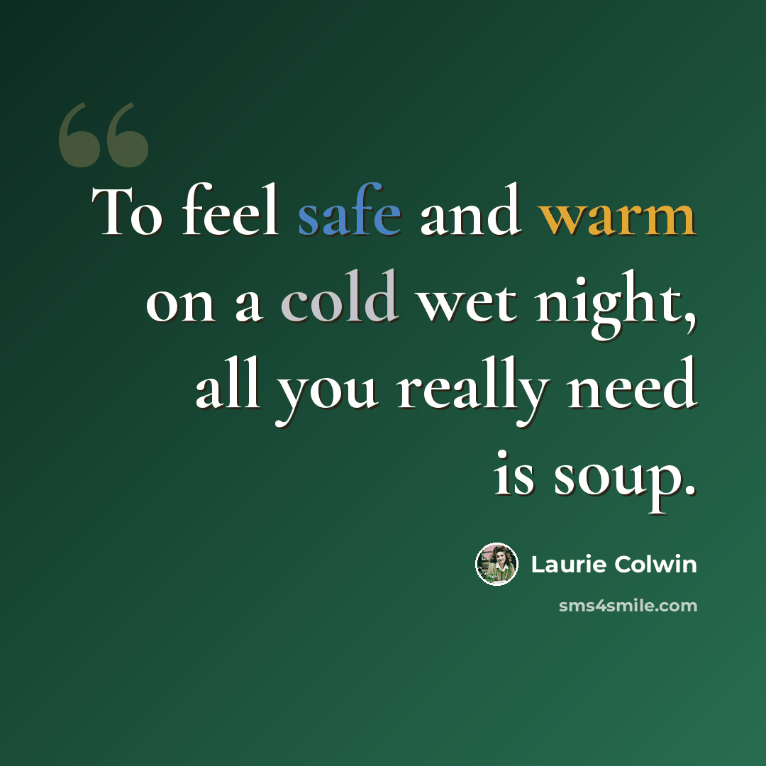“To feel safe and warm on a cold wet night, all you really need is soup.” quote by Laurie Colwin