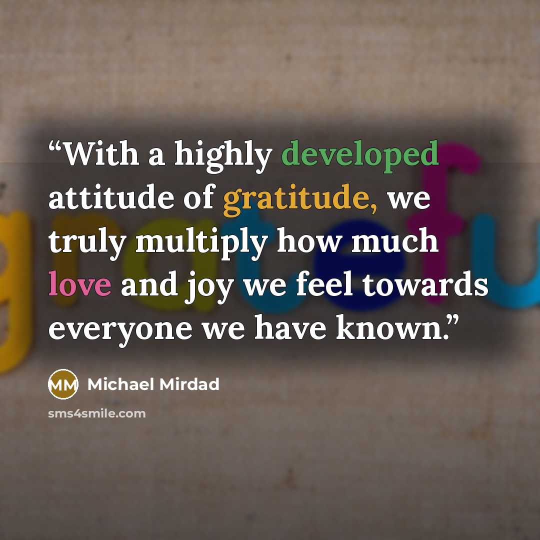 “With a highly developed attitude of gratitude, we truly multiply how much love and joy we feel towards everyone we have known.” quote by Michael Mirdad