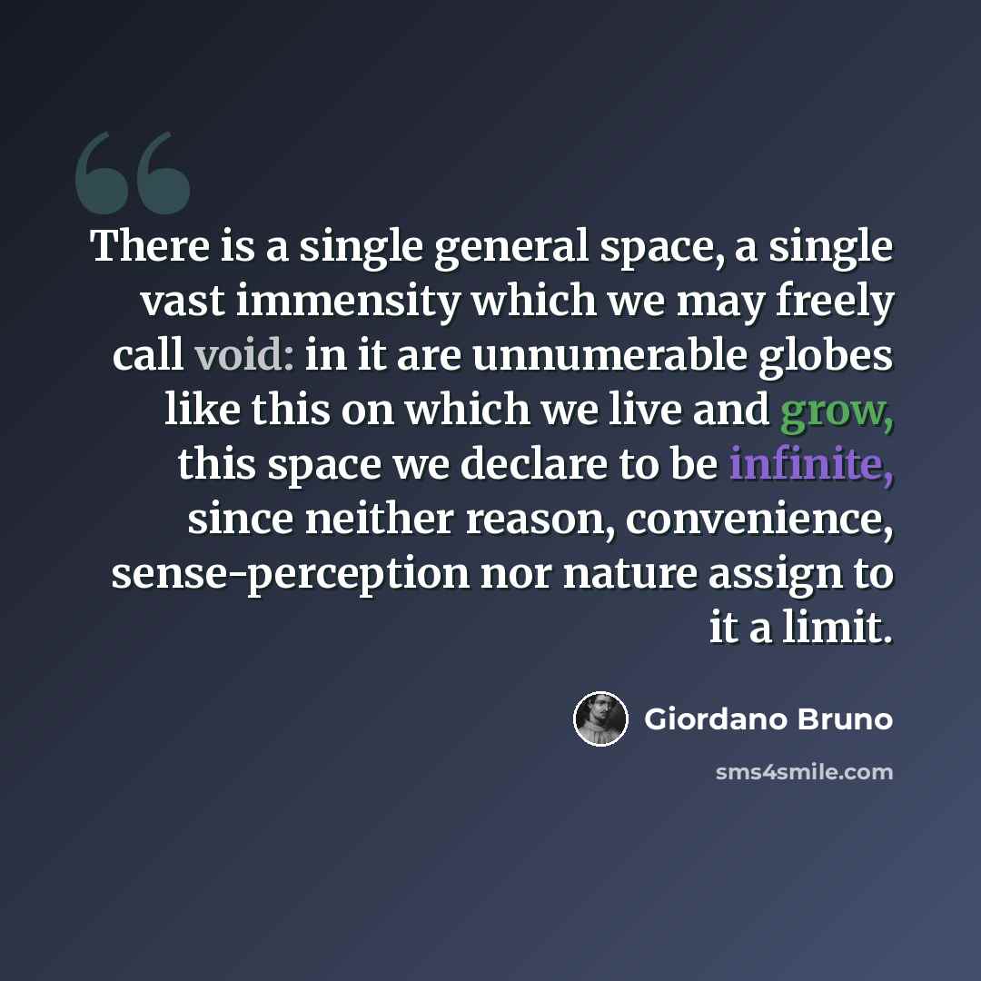 “There is a single general space, a single vast immensity which we may freely call void: in it are unnumerable globes like this on which we live and grow, this space we declare to be infinite, since neither reason, convenience, sense-perception nor nature assign to it a limit.” quote by Giordano Bruno