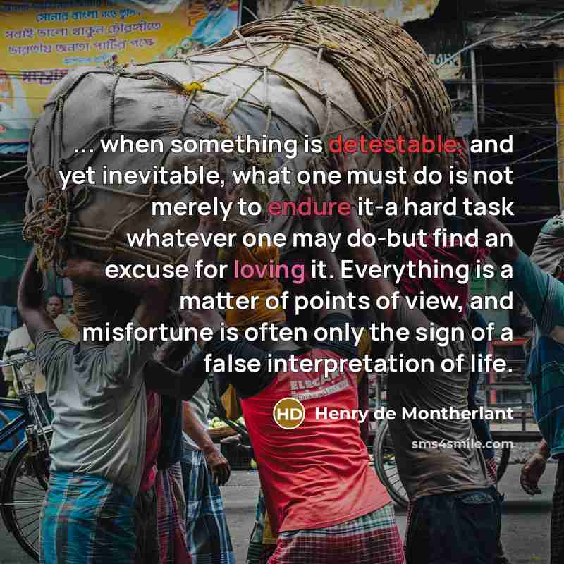 “... when something is detestable, and yet inevitable, what one must do is not merely to endure it-a hard task whatever one may do-but find an excuse for loving it. Everything is a matter of points of view, and misfortune is often only the sign of a false interpretation of life.” quote by Henry de Montherlant