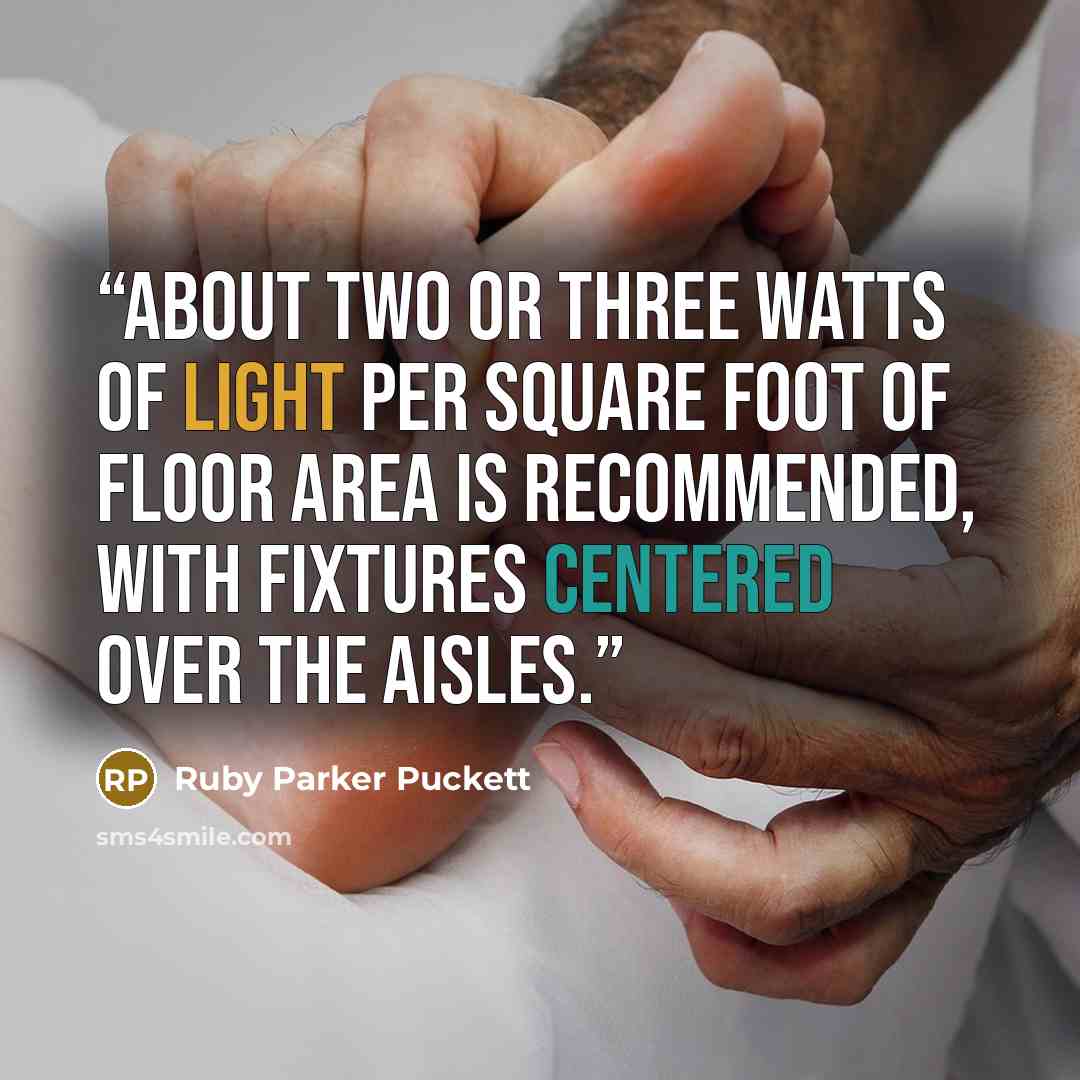 “About two or three watts of light per square foot of floor area is recommended, with fixtures centered over the aisles.” quote by Ruby Parker Puckett