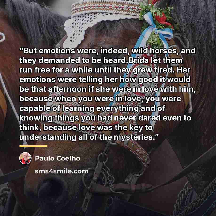 “But emotions were, indeed, wild horses, and they demanded to be heard.Brida let them run free for a while until they grew tired. Her emotions were telling her how good it would be that afternoon if she were in love with him, because when you were in love, you were capable of learning everything…” quote by Paulo Coelho