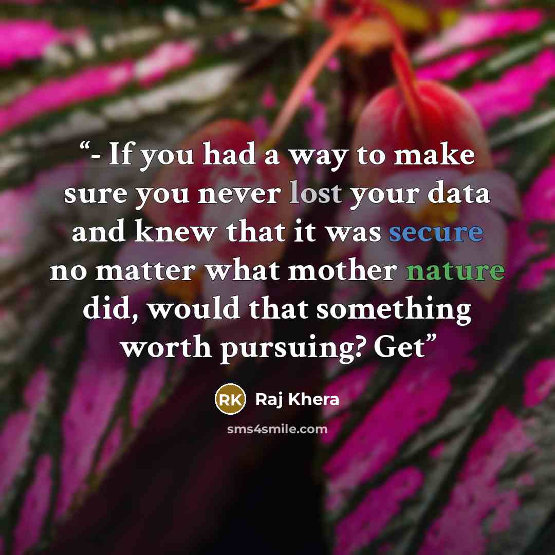 “- If you had a way to make sure you never lost your data and knew that it was secure no matter what mother nature did, would that something worth pursuing? Get” quote by Raj Khera