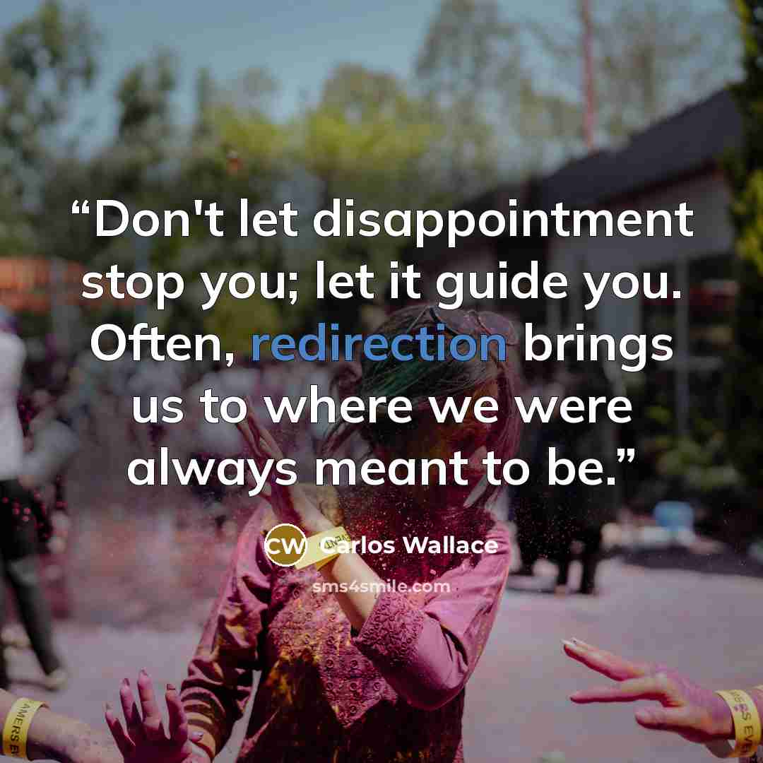“Don't let disappointment stop you; let it guide you. Often, redirection brings us to where we were always meant to be.” quote by Carlos Wallace