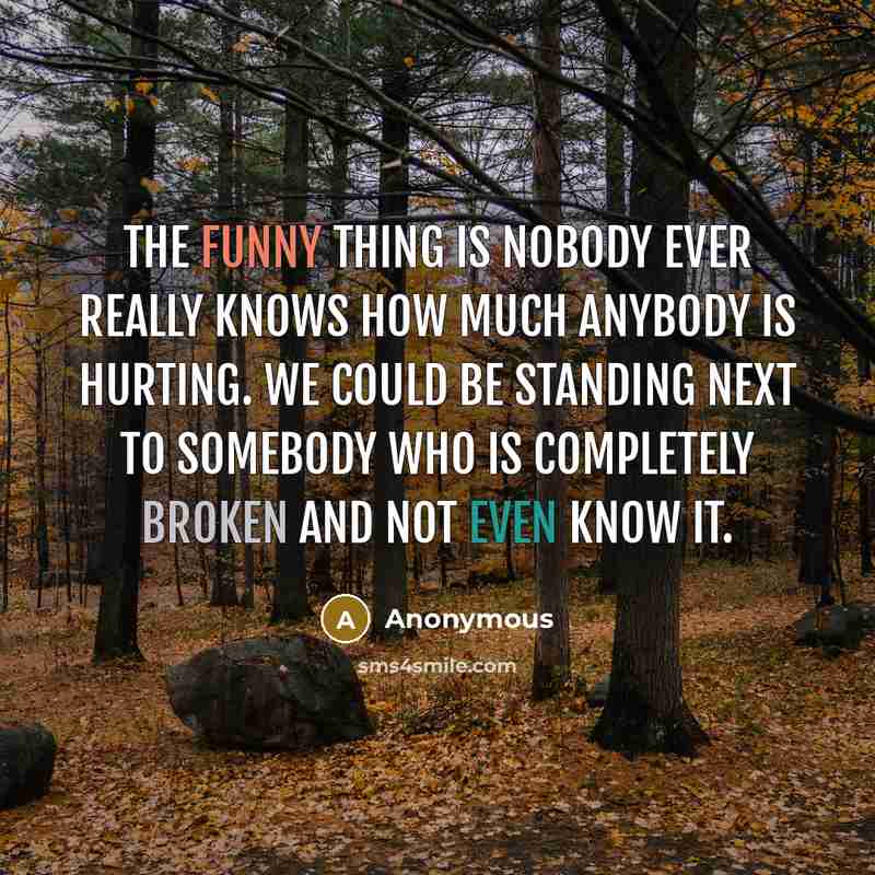 “The funny thing is nobody ever really knows how much anybody is hurting. We could be standing next to somebody who is completely broken and not even know it.” quote by Anonymous