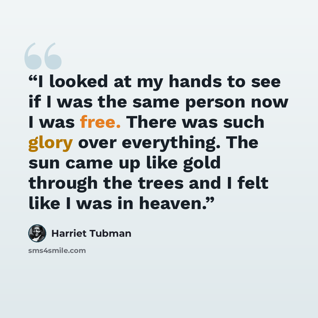 “I looked at my hands to see if I was the same person now I was free. There was such glory over everything. The sun came up like gold through the trees and I felt like I was in heaven.” quote by Harriet Tubman