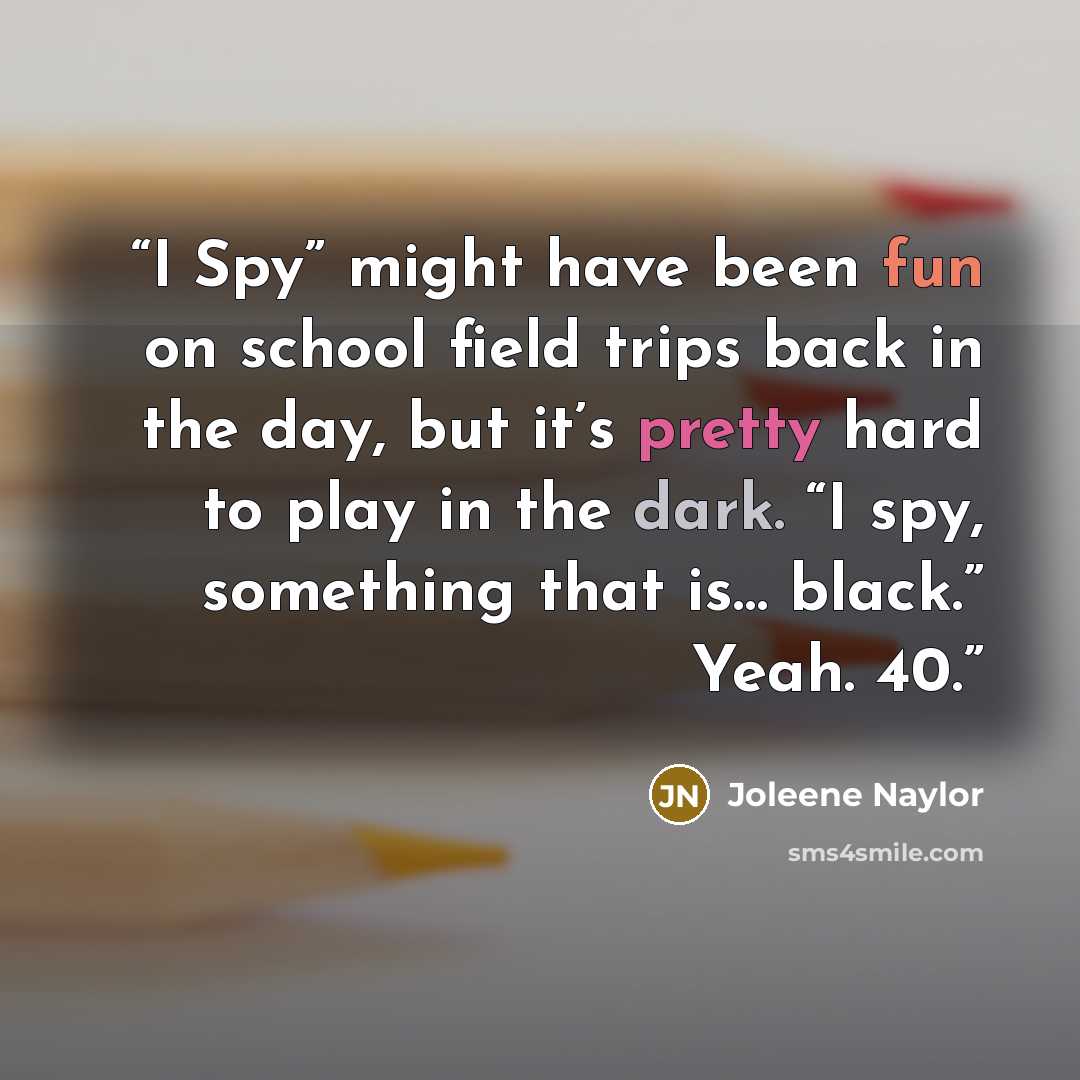 “I Spy” might have been fun on school field trips back in the day, but it’s pretty hard to play in the dark. “I spy, something that is… black.” Yeah. 40.” quote by Joleene Naylor