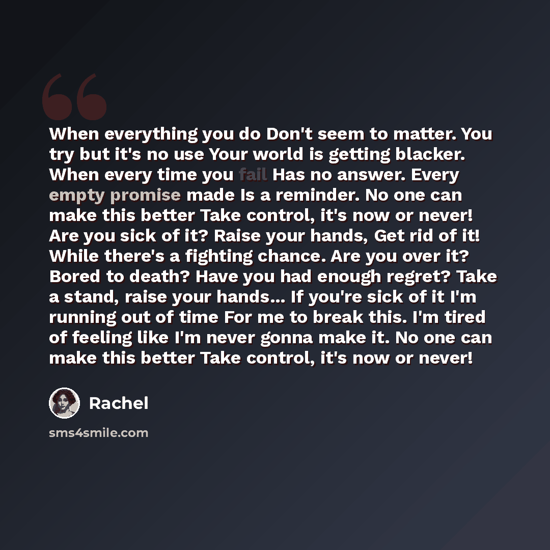 “When everything you do Don't seem to matter. You try but it's no use Your world is getting blacker. When every time you fail Has no answer. Every empty promise made Is a reminder. No one can make this better Take control, it's now or never! Are you sick of it? Raise your hands, Get rid of it!…” quote by Rachel