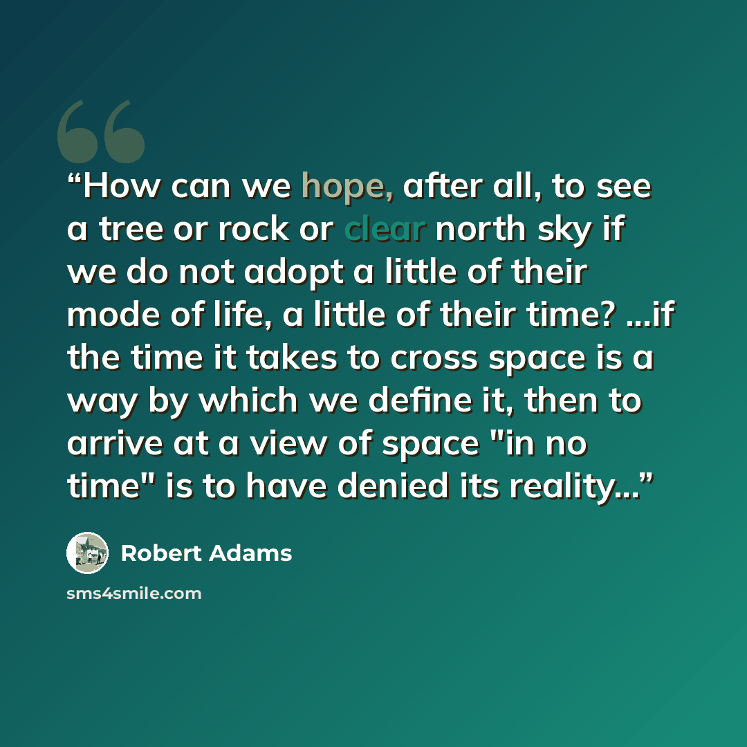 “How can we hope, after all, to see a tree or rock or clear north sky if we do not adopt a little of their mode of life, a little of their time? ...if the time it takes to cross space is a way by which we define it, then to arrive at a view of space "in no time" is to have denied its reality...” quote by Robert Adams