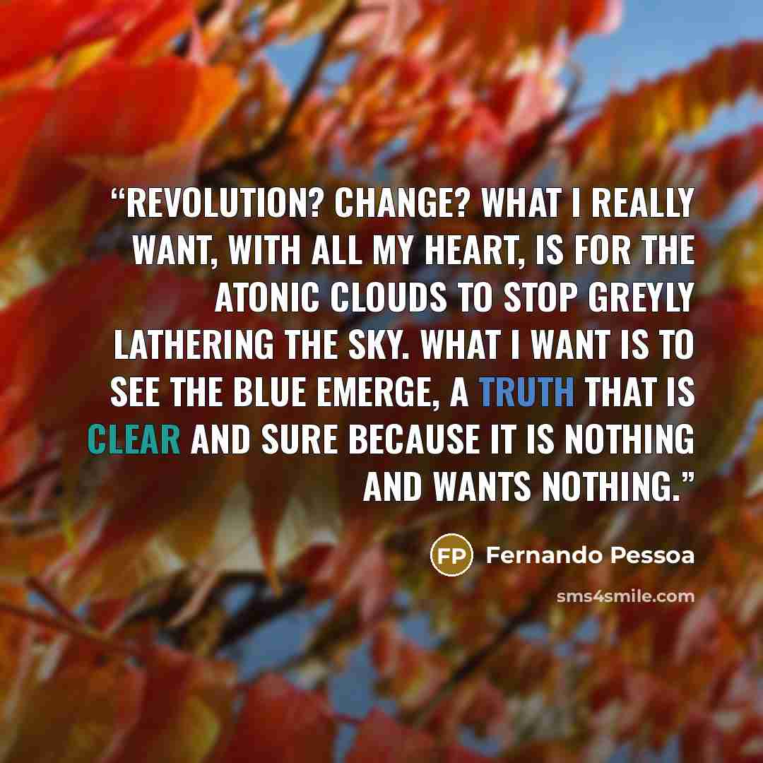 “Revolution? Change? What I really want, with all my heart, is for the atonic clouds to stop greyly lathering the sky. What I want is to see the blue emerge, a truth that is clear and sure because it is nothing and wants nothing.” quote by Fernando Pessoa