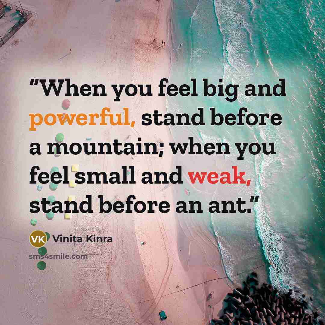 “When you feel big and powerful, stand before a mountain; when you feel small and weak, stand before an ant.” quote by Vinita Kinra