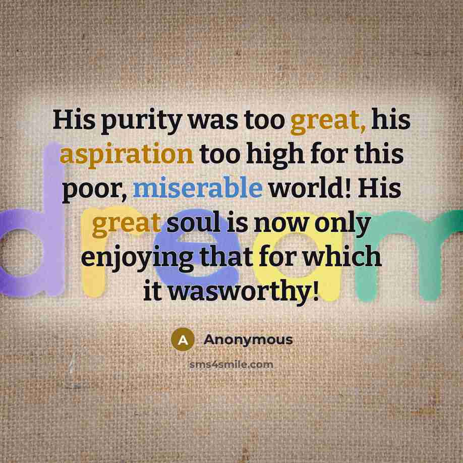 “His purity was too great, his aspiration too high for this poor, miserable world! His great soul is now only enjoying that for which it wasworthy!” quote by Anonymous