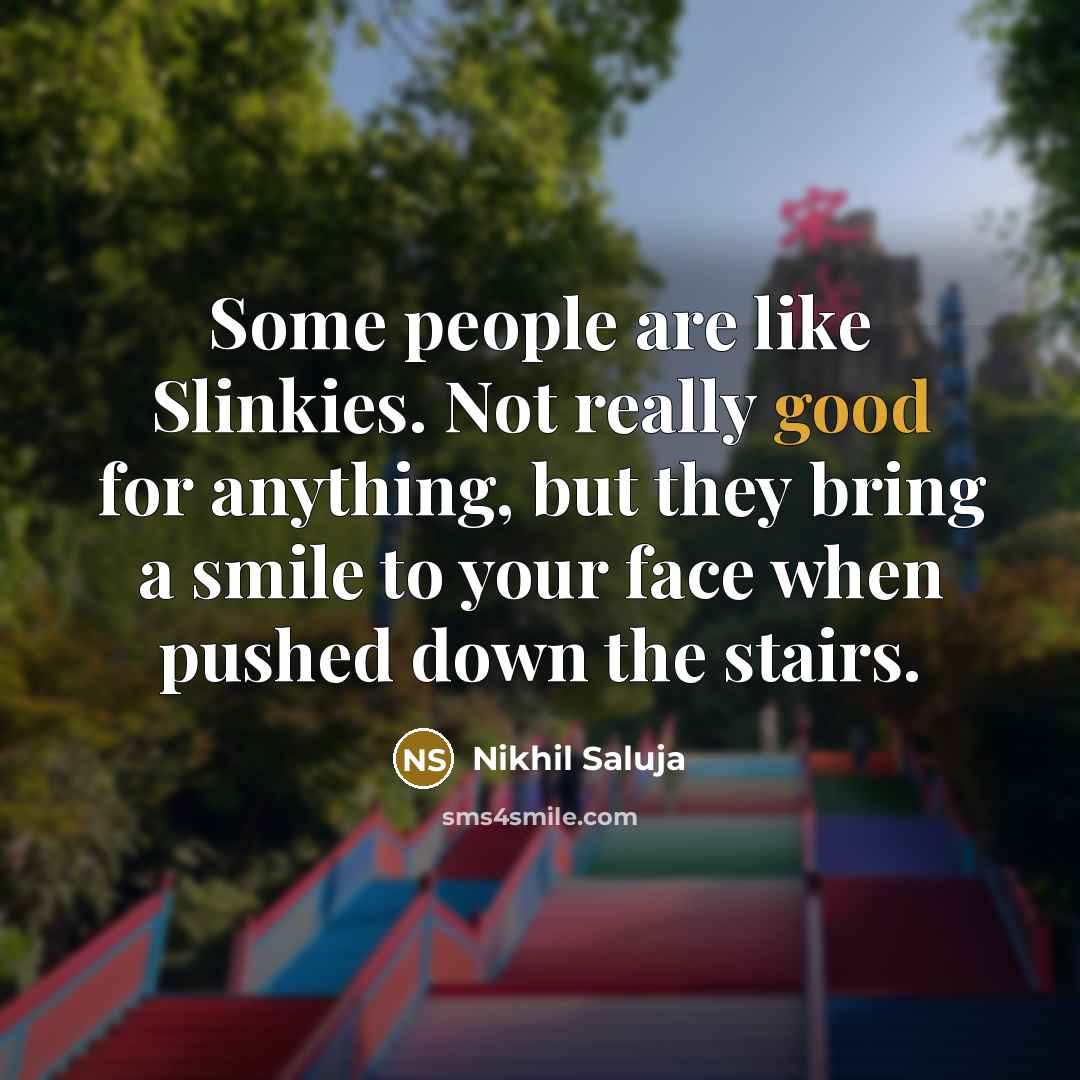 “Some people are like Slinkies. Not really good for anything, but they bring a smile to your face when pushed down the stairs.” quote by Nikhil Saluja