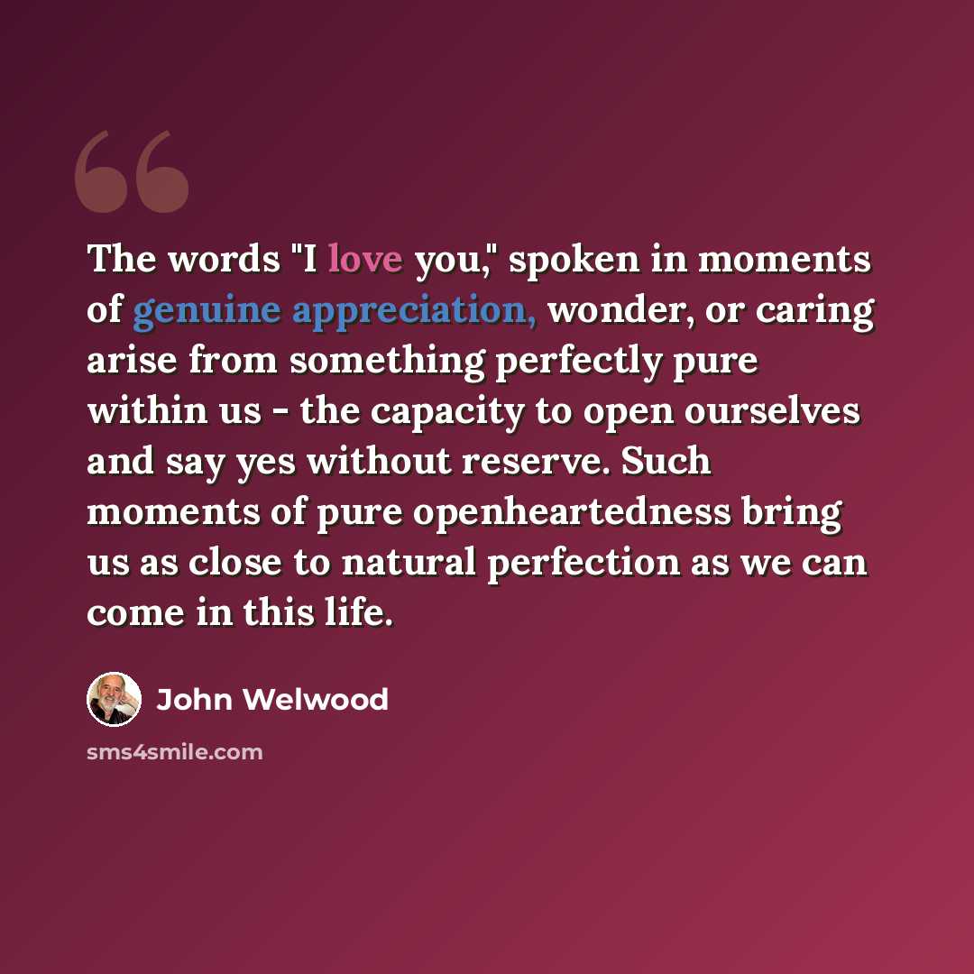 “The words "I love you," spoken in moments of genuine appreciation, wonder, or caring arise from something perfectly pure within us - the capacity to open ourselves and say yes without reserve. Such moments of pure openheartedness bring us as close to natural perfection as we can come in this life.” quote by John Welwood