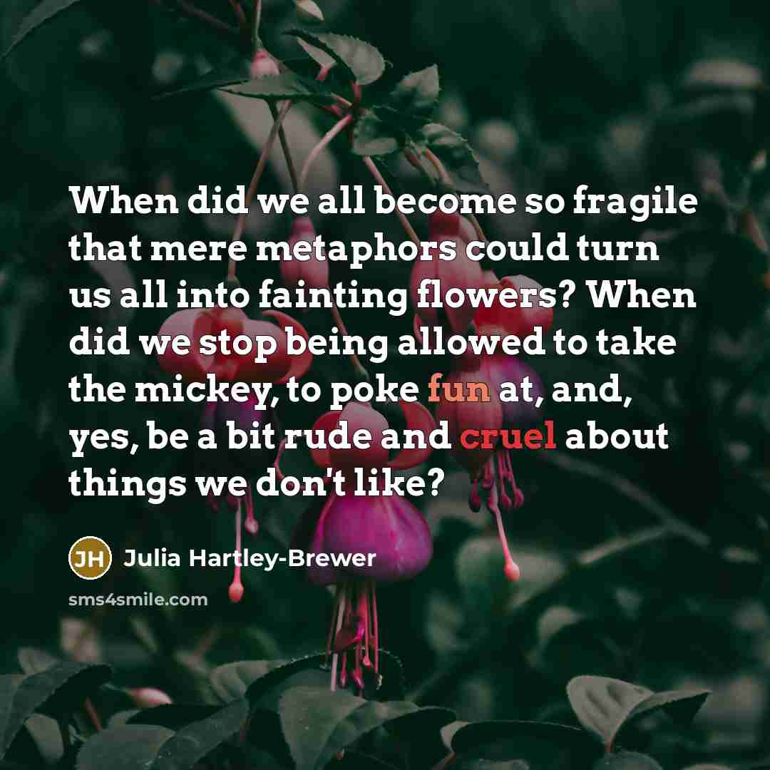 “When did we all become so fragile that mere metaphors could turn us all into fainting flowers? When did we stop being allowed to take the mickey, to poke fun at, and, yes, be a bit rude and cruel about things we don't like?” quote by Julia Hartley-Brewer