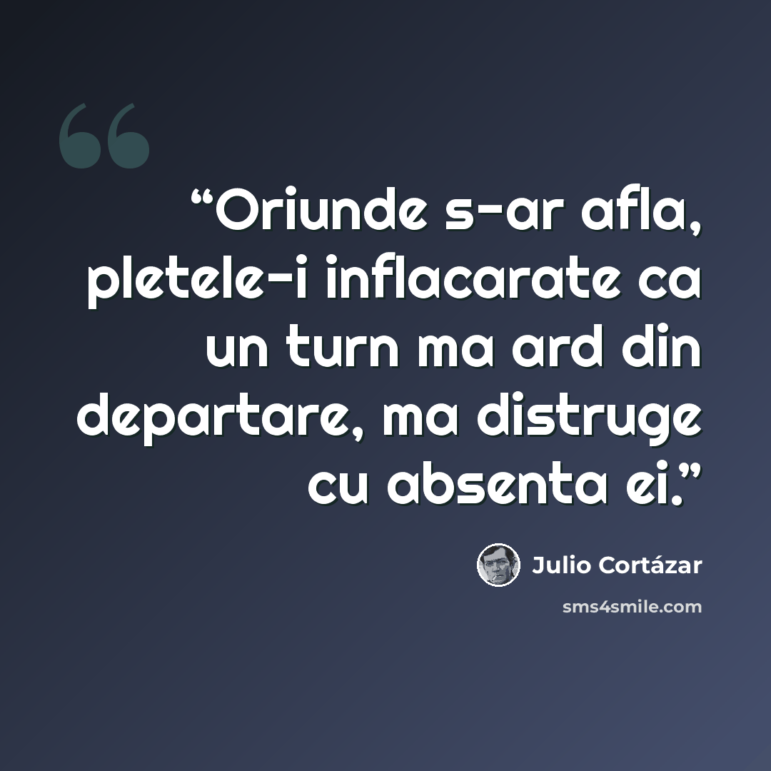 “Oriunde s-ar afla, pletele-i inflacarate ca un turn ma ard din departare, ma distruge cu absenta ei.” quote by Julio Cortázar