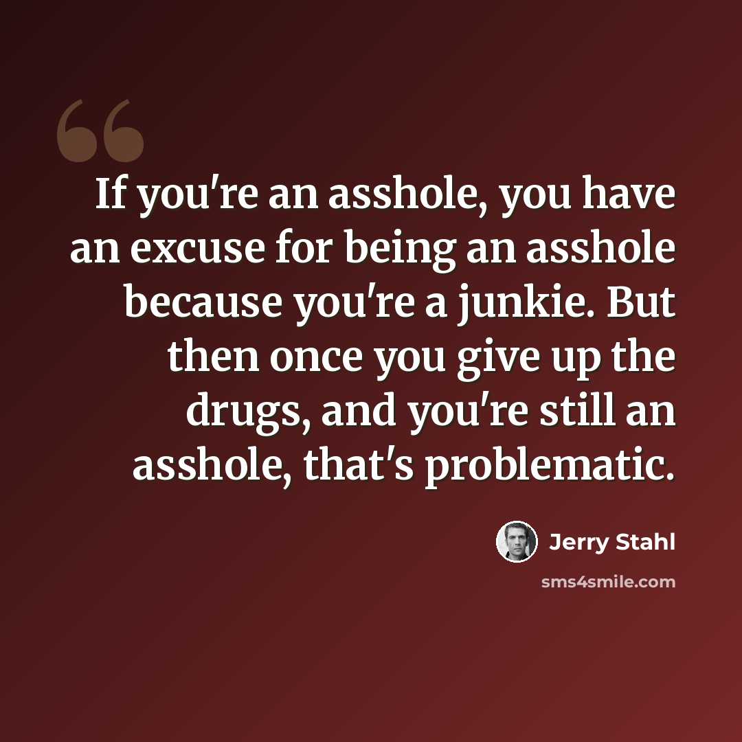 “If you're an asshole, you have an excuse for being an asshole because you're a junkie. But then once you give up the drugs, and you're still an asshole, that's problematic.” quote by Jerry Stahl