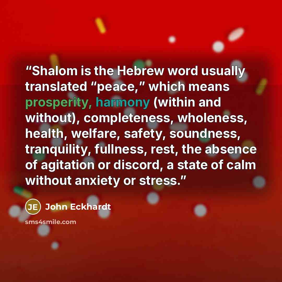 “Shalom is the Hebrew word usually translated “peace,” which means prosperity, harmony (within and without), completeness, wholeness, health, welfare, safety, soundness, tranquility, fullness, rest, the absence of agitation or discord, a state of calm without anxiety or stress.” quote by John Eckhardt