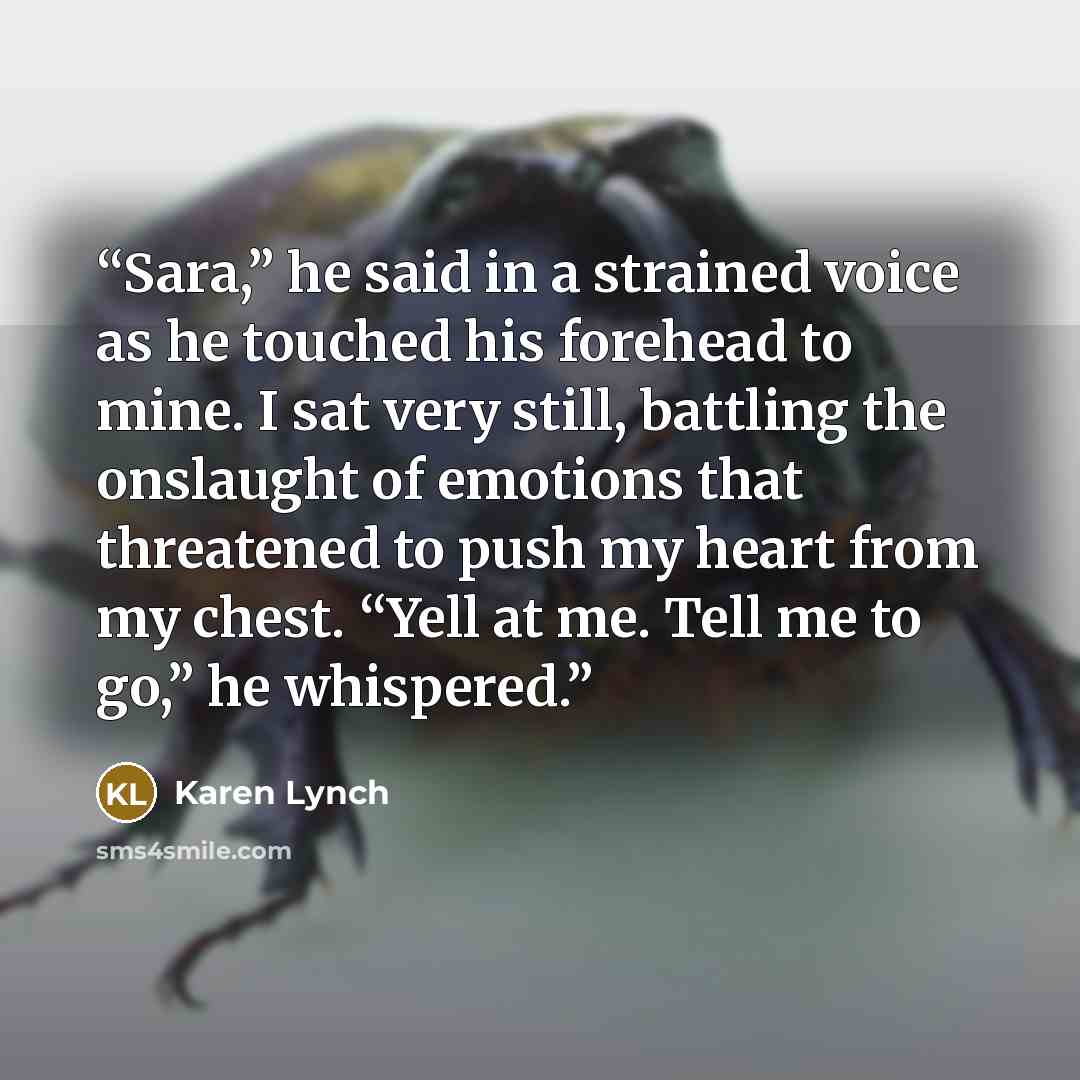 “Sara,” he said in a strained voice as he touched his forehead to mine. I sat very still, battling the onslaught of emotions that threatened to push my heart from my chest. “Yell at me. Tell me to go,” he whispered.” quote by Karen Lynch
