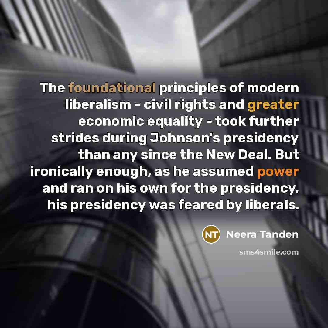 “The foundational principles of modern liberalism - civil rights and greater economic equality - took further strides during Johnson's presidency than any since the New Deal. But ironically enough, as he assumed power and ran on his own for the presidency, his presidency was feared by liberals.” quote by Neera Tanden