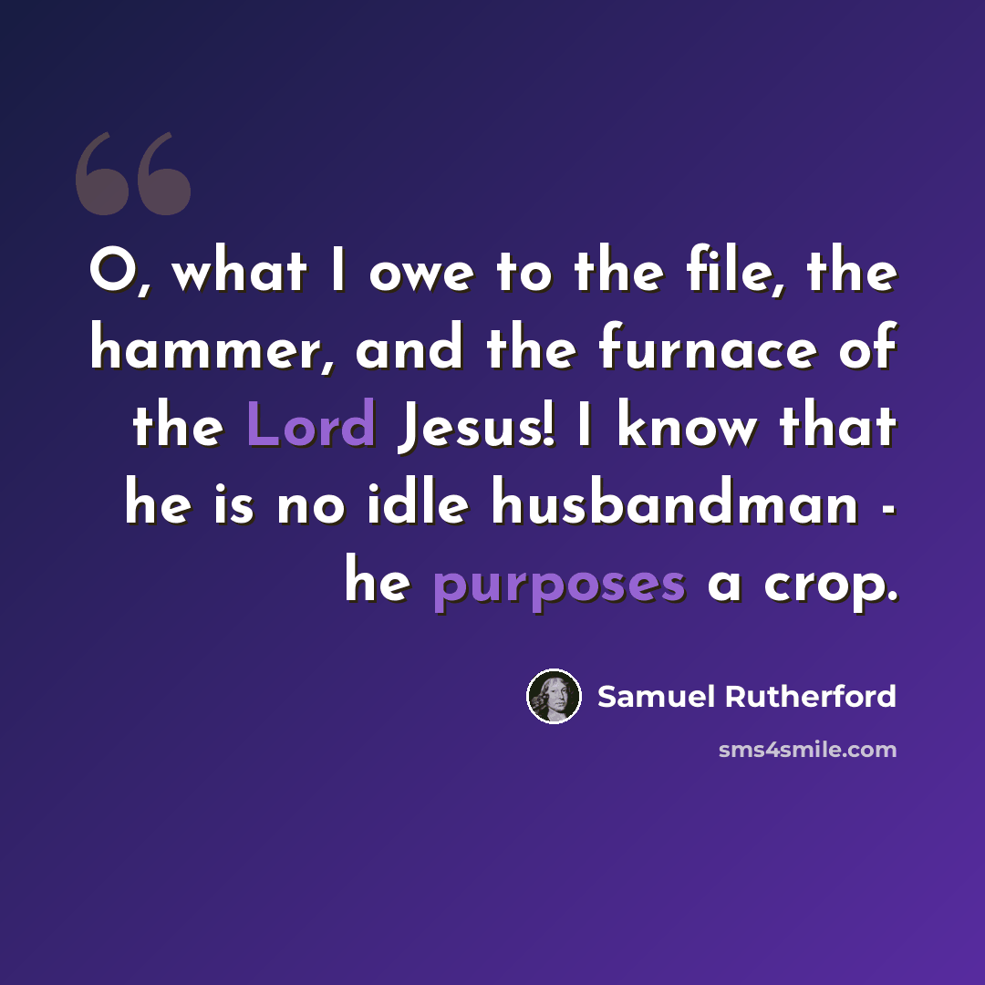 “O, what I owe to the file, the hammer, and the furnace of the Lord Jesus! I know that he is no idle husbandman - he purposes a crop.” quote by Samuel Rutherford
