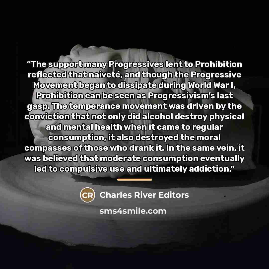 “The support many Progressives lent to Prohibition reflected that naiveté, and though the Progressive Movement began to dissipate during World War I, Prohibition can be seen as Progressivism’s last gasp. The temperance movement was driven by the conviction that not only did alcohol destroy physical…” quote by Charles River Editors