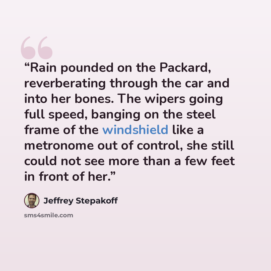 “Rain pounded on the Packard, reverberating through the car and into her bones. The wipers going full speed, banging on the steel frame of the windshield like a metronome out of control, she still could not see more than a few feet in front of her.” quote by Jeffrey Stepakoff