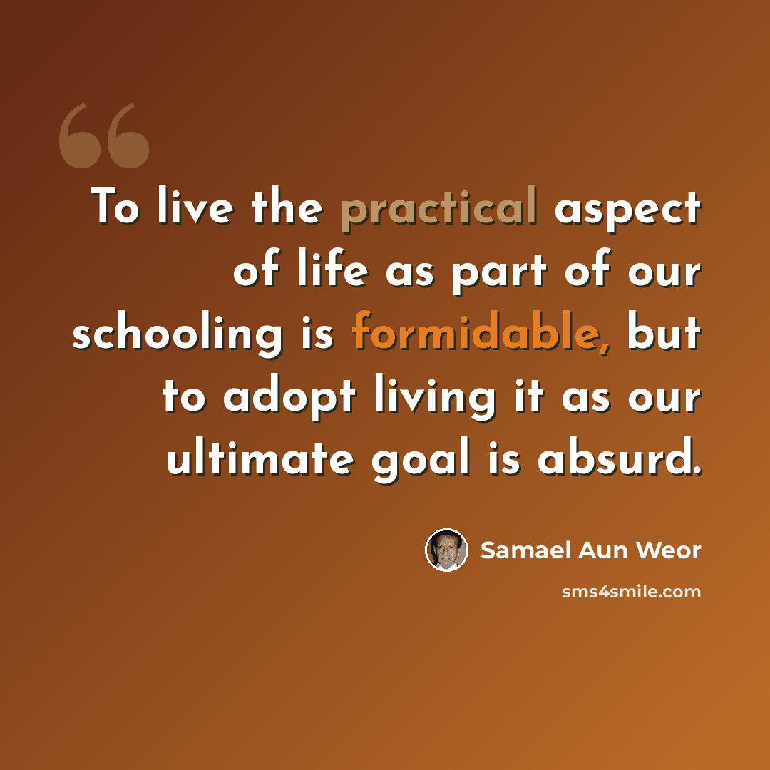 “To live the practical aspect of life as part of our schooling is formidable, but to adopt living it as our ultimate goal is absurd.” quote by Samael Aun Weor
