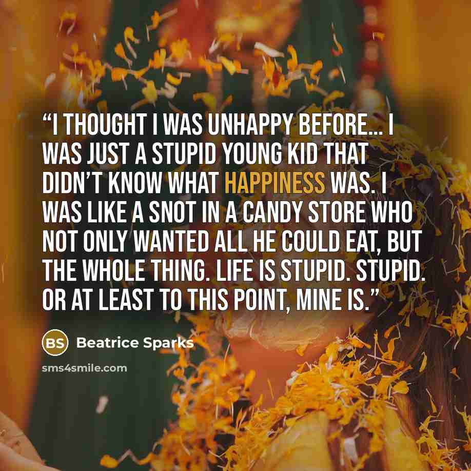 “I thought I was unhappy before… I was just a stupid young kid that didn’t know what happiness was. I was like a snot in a candy store who not only wanted all he could eat, but the whole thing. Life is stupid. Stupid. Or at least to this point, mine is.” quote by Beatrice Sparks