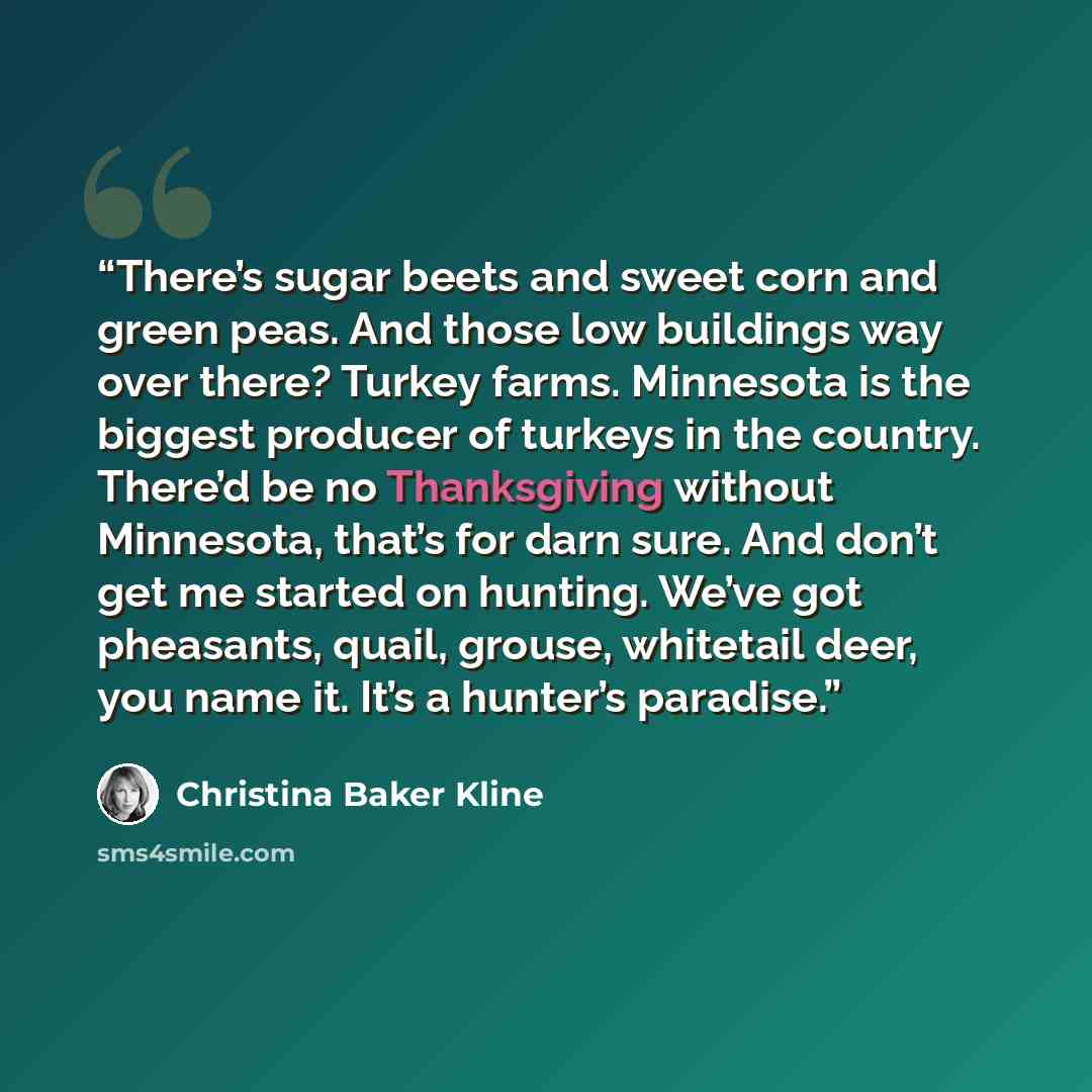 “There’s sugar beets and sweet corn and green peas. And those low buildings way over there? Turkey farms. Minnesota is the biggest producer of turkeys in the country. There’d be no Thanksgiving without Minnesota, that’s for darn sure. And don’t get me started on hunting. We’ve got pheasants, quail…” quote by Christina Baker Kline