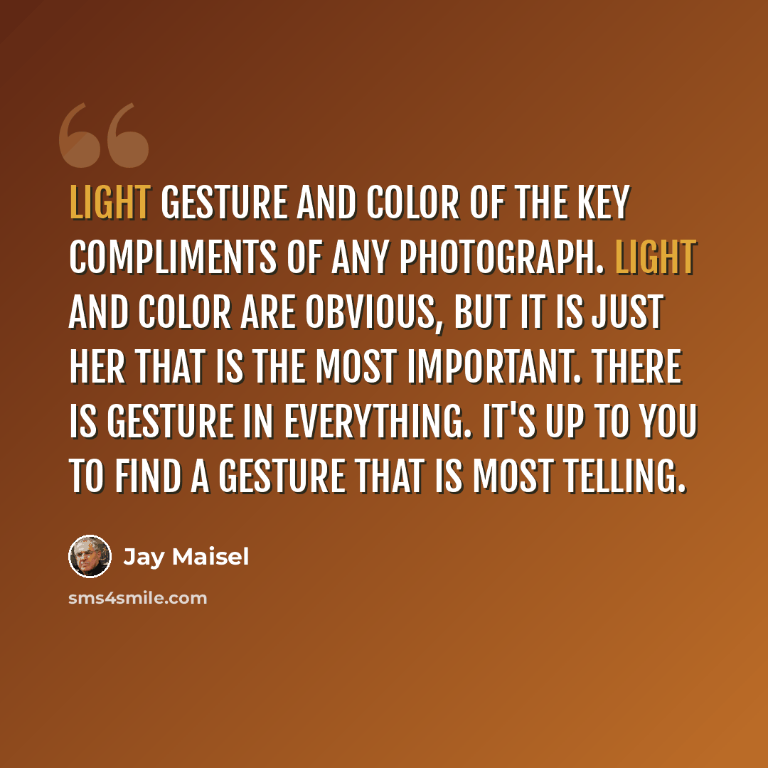 “Light gesture and color of the key compliments of any photograph. Light and color are obvious, but it is just her that is the most important. There is gesture in everything. It's up to you to find a gesture that is most telling.” quote by Jay Maisel