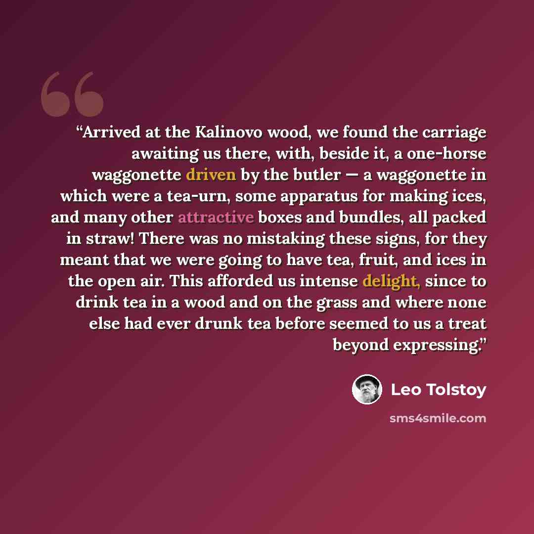 “Arrived at the Kalinovo wood, we found the carriage awaiting us there, with, beside it, a one-horse waggonette driven by the butler — a waggonette in which were a tea-urn, some apparatus for making ices, and many other attractive boxes and bundles, all packed in straw! There was no mistaking these…” quote by Leo Tolstoy