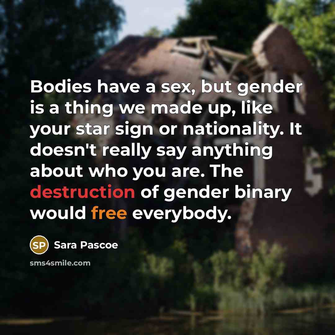 “Bodies have a sex, but gender is a thing we made up, like your star sign or nationality. It doesn't really say anything about who you are. The destruction of gender binary would free everybody.” quote by Sara Pascoe
