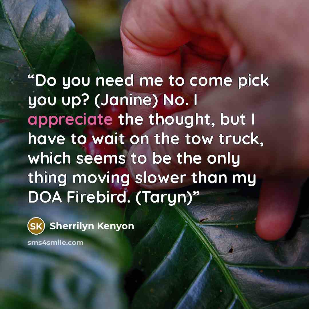 “Do you need me to come pick you up? (Janine) No. I appreciate the thought, but I have to wait on the tow truck, which seems to be the only thing moving slower than my DOA Firebird. (Taryn)” quote by Sherrilyn Kenyon