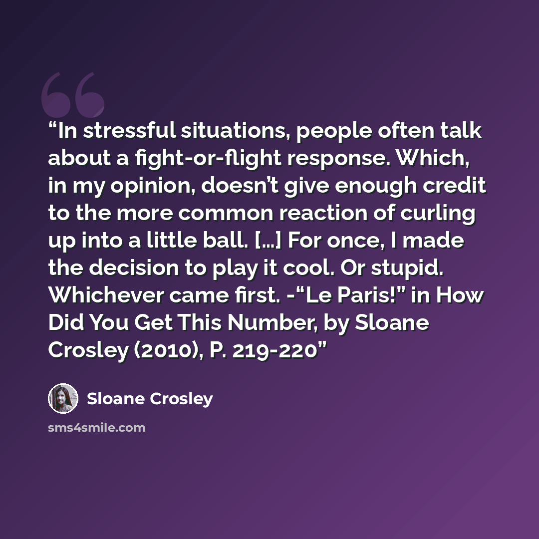 “In stressful situations, people often talk about a fight-or-flight response. Which, in my opinion, doesn’t give enough credit to the more common reaction of curling up into a little ball. […] For once, I made the decision to play it cool. Or stupid. Whichever came first. -“Le Paris!” in How Did…” quote by Sloane Crosley