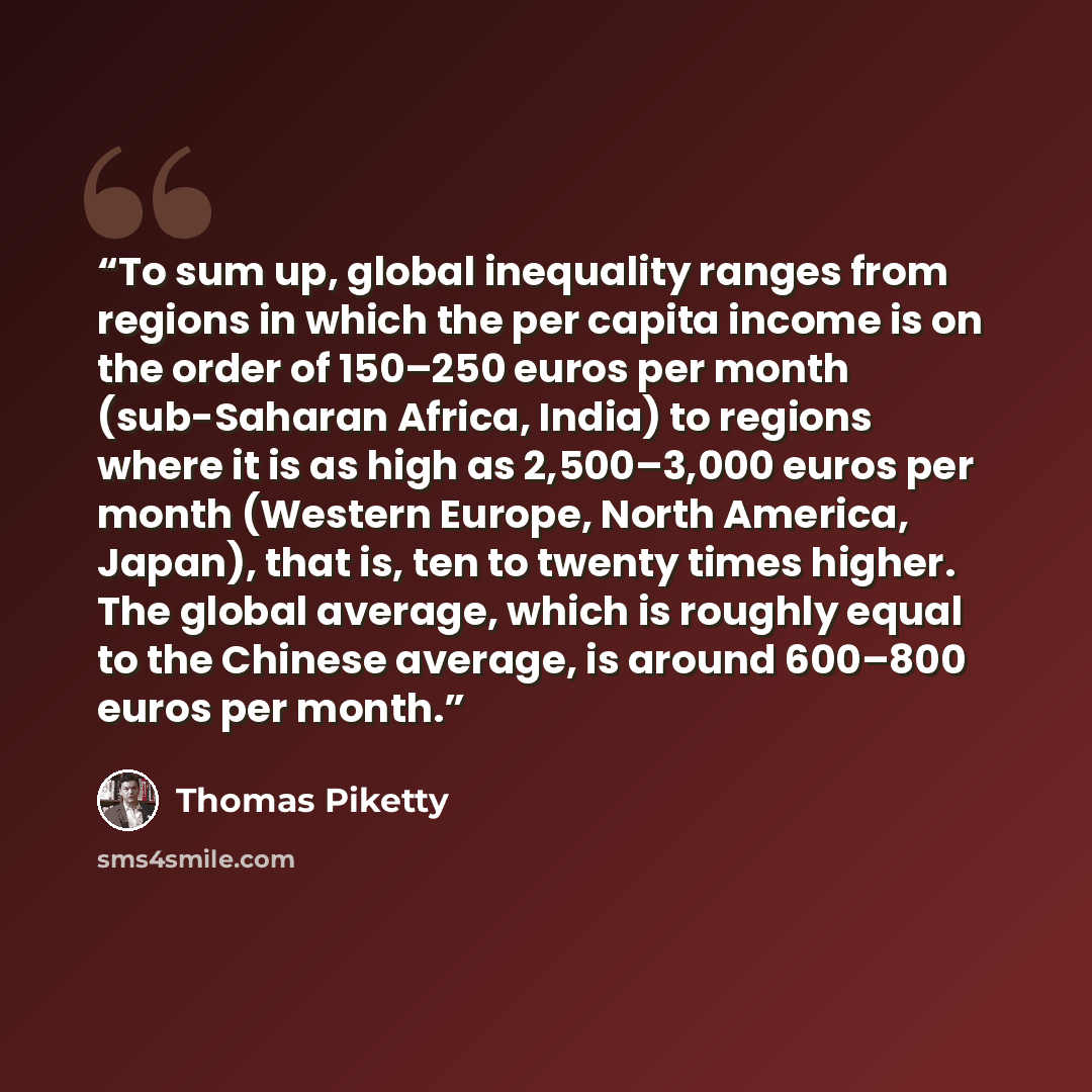 “To sum up, global inequality ranges from regions in which the per capita income is on the order of 150–250 euros per month (sub-Saharan Africa, India) to regions where it is as high as 2,500–3,000 euros per month (Western Europe, North America, Japan), that is, ten to twenty times higher. The…” quote by Thomas Piketty