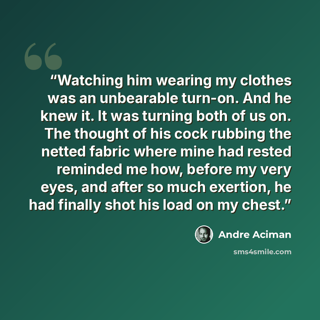 “Watching him wearing my clothes was an unbearable turn-on. And he knew it. It was turning both of us on. The thought of his cock rubbing the netted fabric where mine had rested reminded me how, before my very eyes, and after so much exertion, he had finally shot his load on my chest.” quote by André Aciman