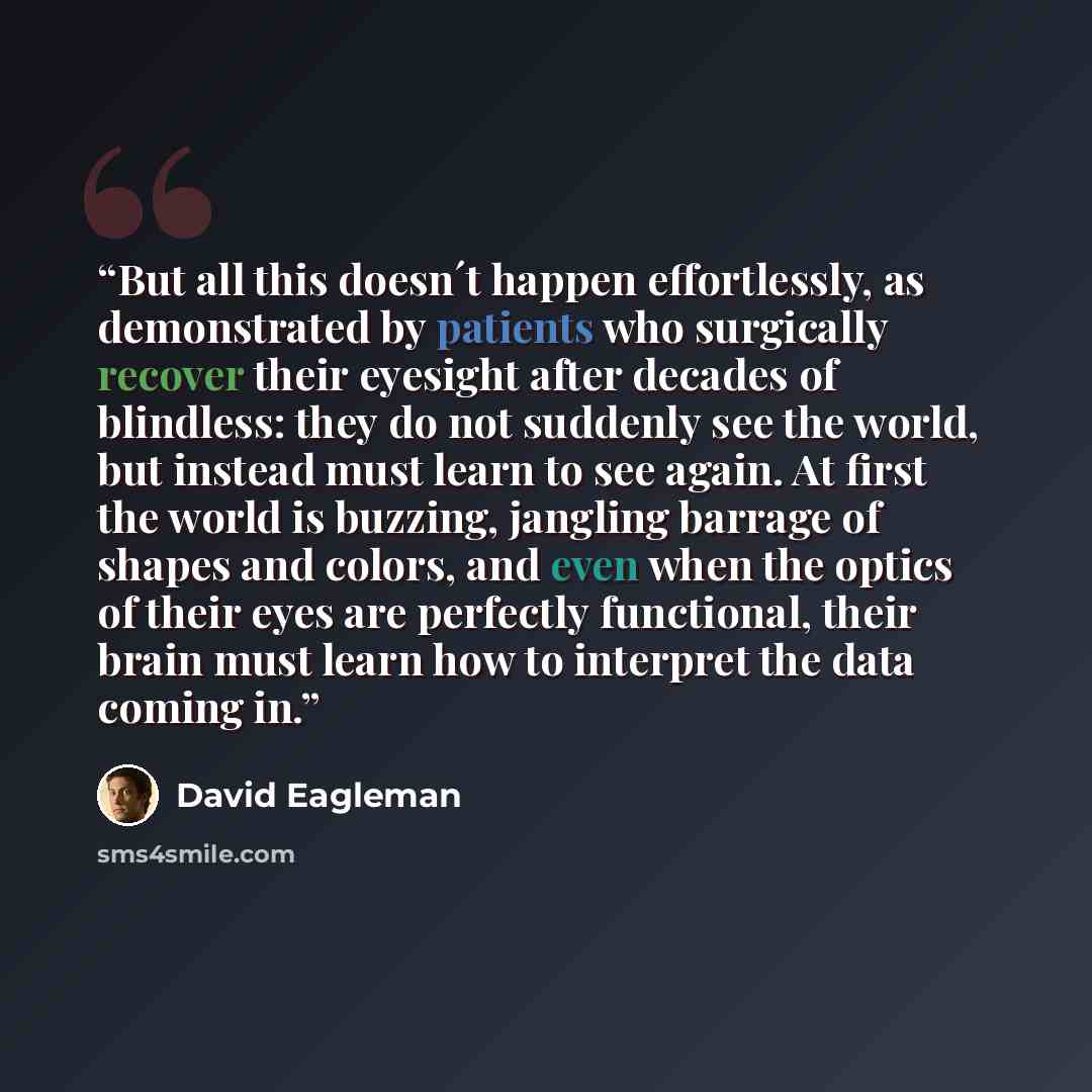 “But all this doesn´t happen effortlessly, as demonstrated by patients who surgically recover their eyesight after decades of blindless: they do not suddenly see the world, but instead must learn to see again. At first the world is buzzing, jangling barrage of shapes and colors, and even when the…” quote by David Eagleman