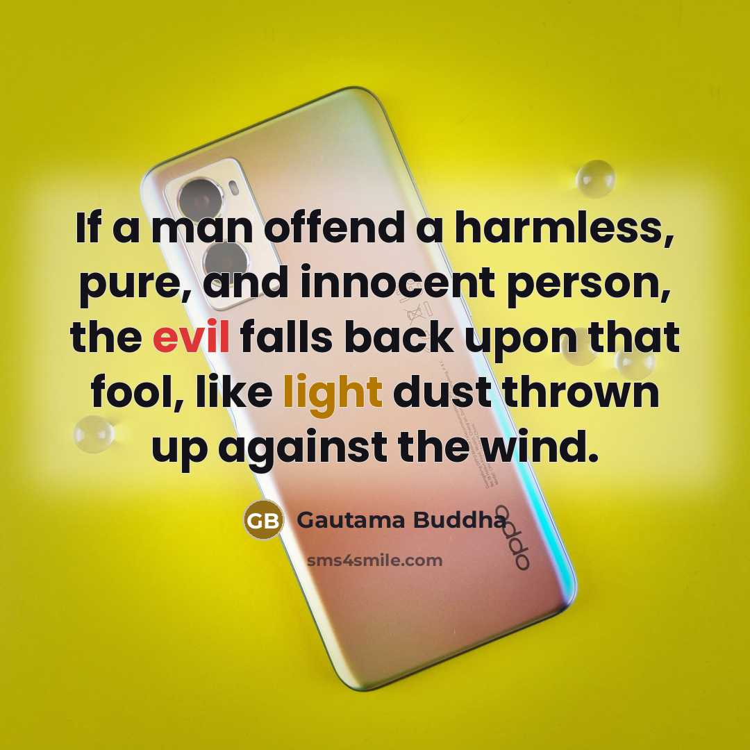 “If a man offend a harmless, pure, and innocent person, the evil falls back upon that fool, like light dust thrown up against the wind.” quote by Gautama Buddha
