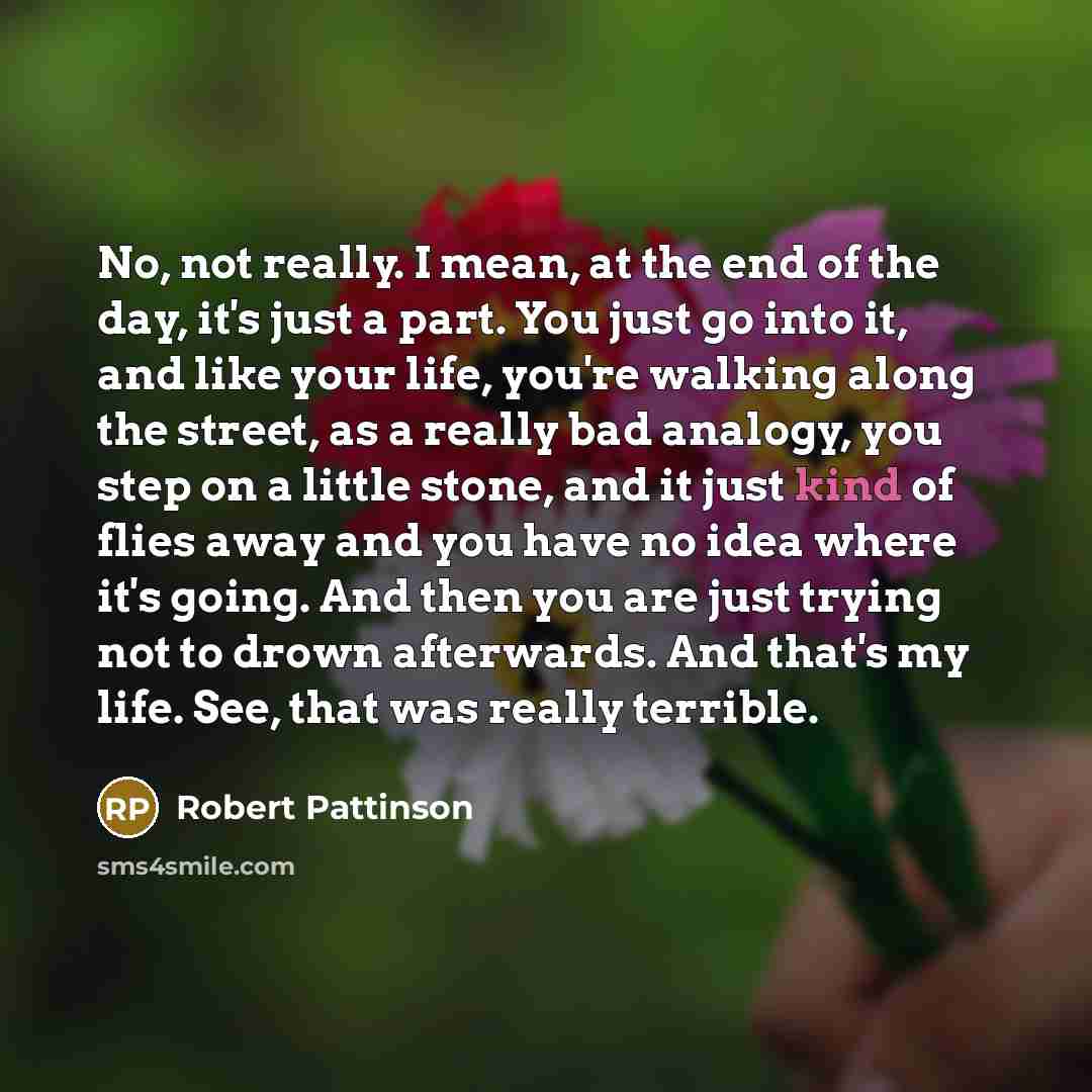 “No, not really. I mean, at the end of the day, it's just a part. You just go into it, and like your life, you're walking along the street, as a really bad analogy, you step on a little stone, and it just kind of flies away and you have no idea where it's going. And then you are just trying not to…” quote by Robert Pattinson