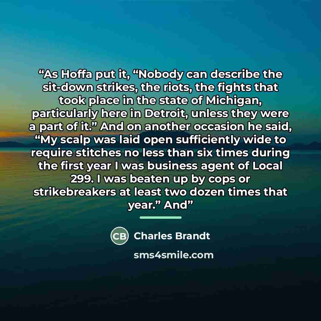 “As Hoffa put it, “Nobody can describe the sit-down strikes, the riots, the fights that took place in the state of Michigan, particularly here in Detroit, unless they were a part of it.” And on another occasion he said, “My scalp was laid open sufficiently wide to require stitches no less than six…” quote by Charles Brandt