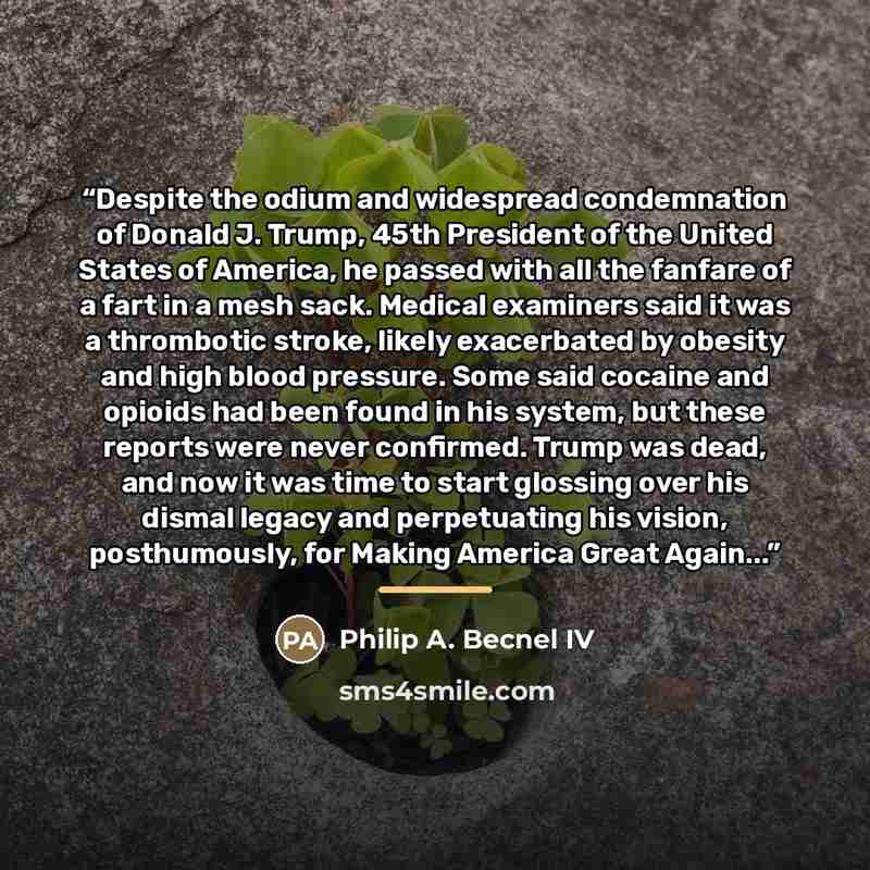 “Despite the odium and widespread condemnation of Donald J. Trump, 45th President of the United States of America, he passed with all the fanfare of a fart in a mesh sack. Medical examiners said it was a thrombotic stroke, likely exacerbated by obesity and high blood pressure. Some said cocaine and…” quote by Philip A. Becnel IV